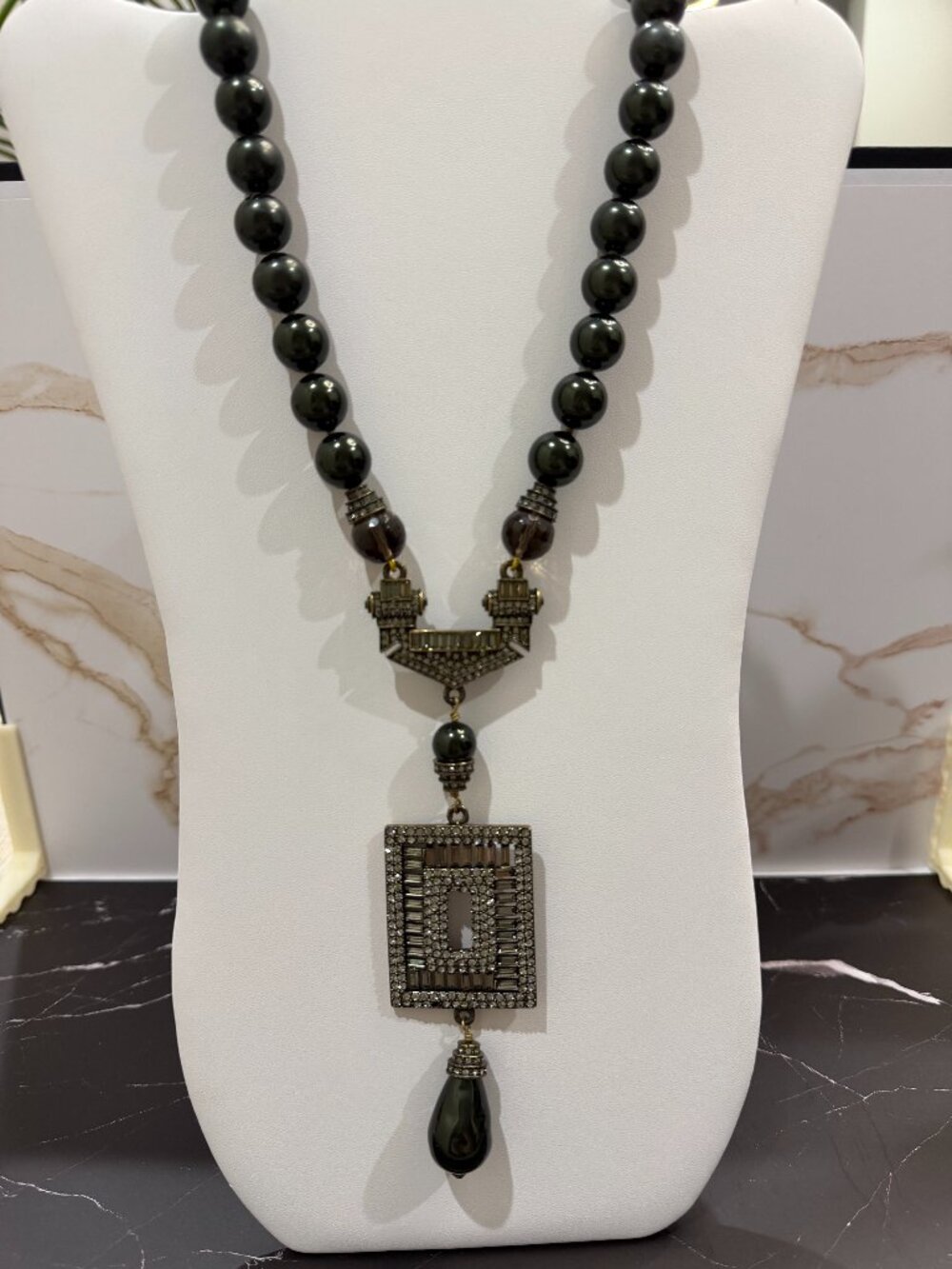 Heidi Daus Olive Green Beaded Statement Necklace Antique Art Deco Drop